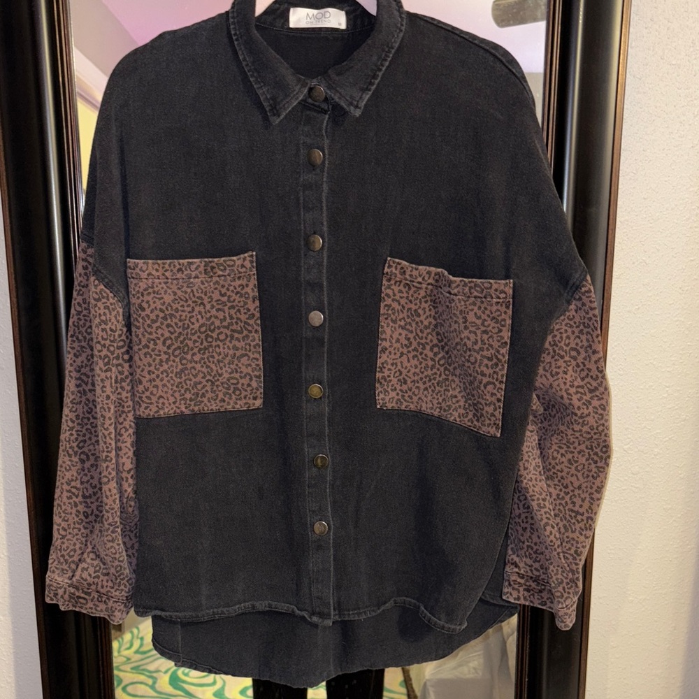 Black Denim Shirt with Leopard Print Sleeves